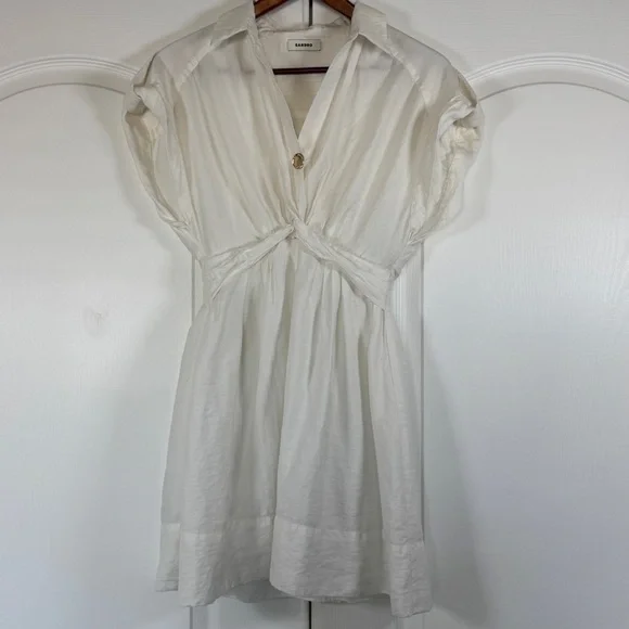 Sandro White Sigrid Twist Front Mini Shirt Dress Size 34 FR US 2 - Picture 2 of 9